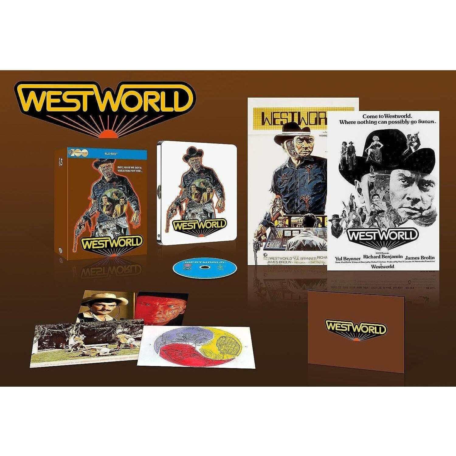 Westworld (1973) Limited Edition Steelbook Blu-Ray Ultimate Collectors Edition with slipcase and extras displayed.