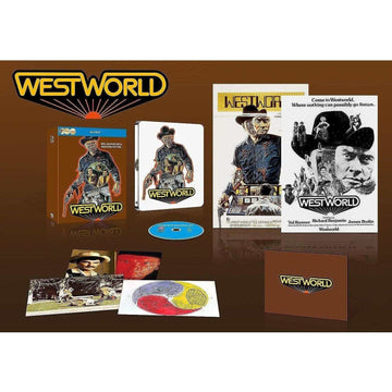 Westworld (1973) Limited Edition Steelbook Blu-Ray Ultimate Collectors Edition with slipcase and extras displayed.