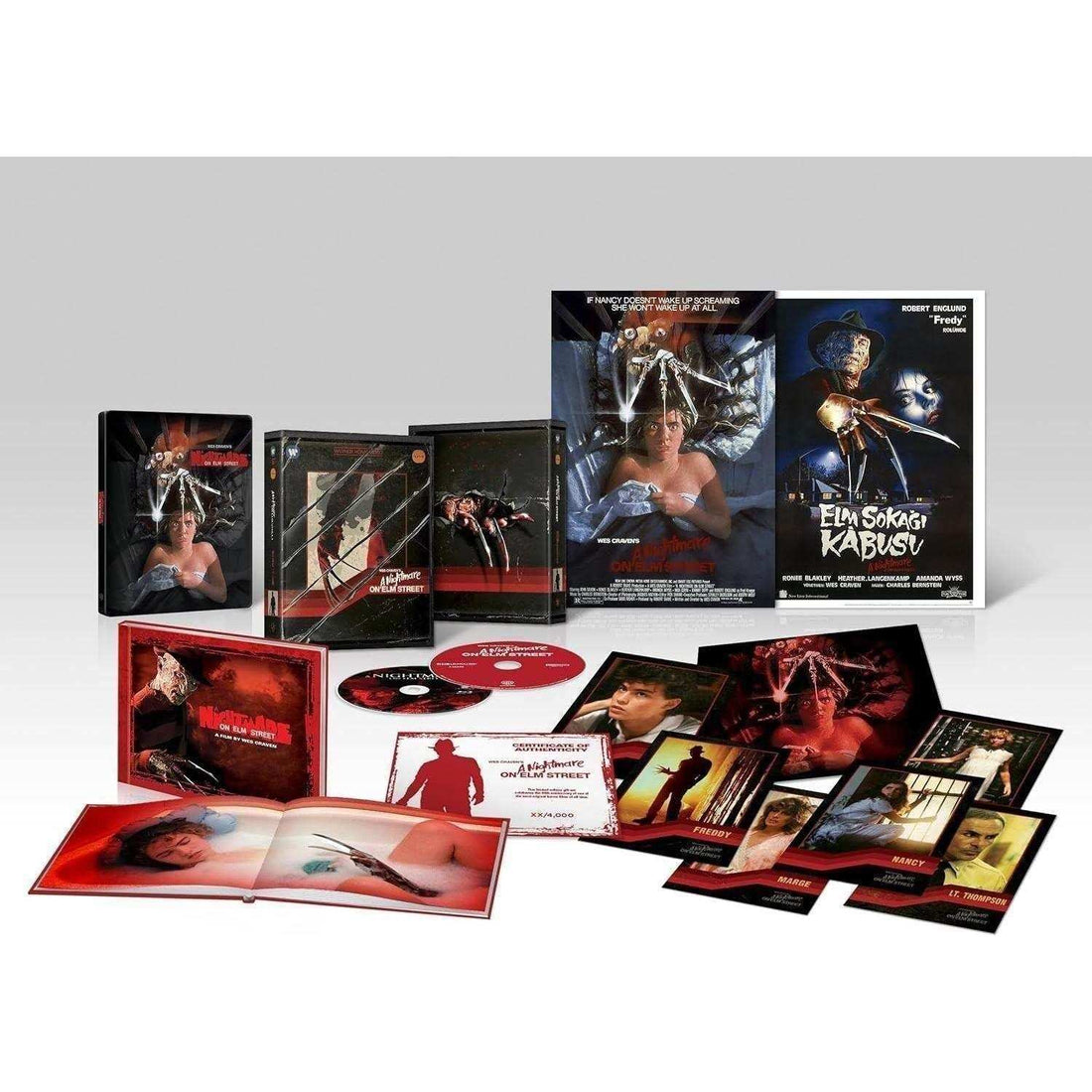 A Nightmare On Elm Street Limited Steelbook Ultimate Collectors Edition 4K Ultra HD and Blu-Ray set with special features, art cards, booklet, double-sided poster, and numbered element.