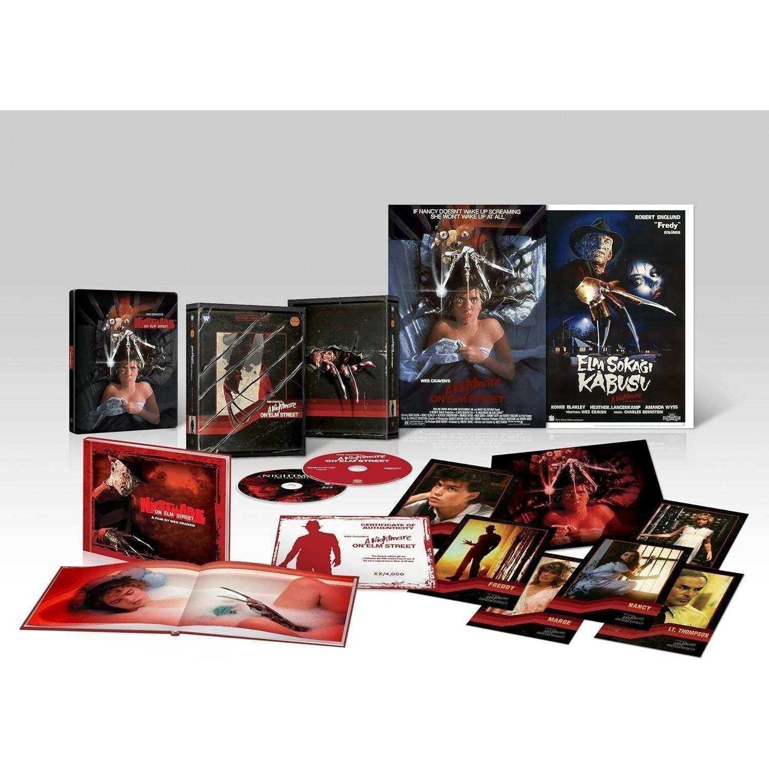 A Nightmare On Elm Street Limited Steelbook Ultimate Collectors Edition 4K Ultra HD and Blu-Ray set with special features, art cards, booklet, double-sided poster, and numbered element.