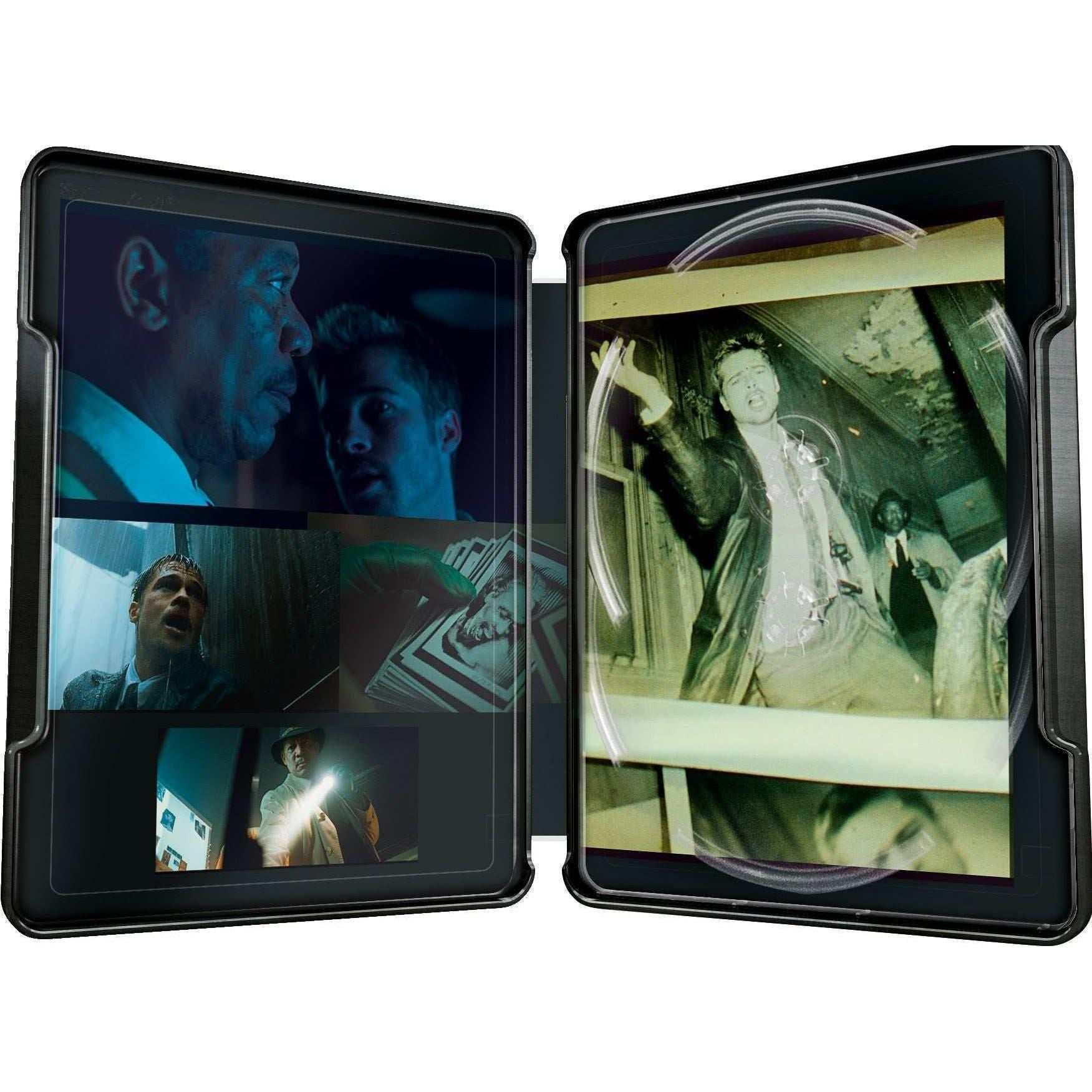 Open Se7en limited edition steelbook case showing inner artwork featuring scenes from the thriller film on 4K UHD and Blu-Ray discs