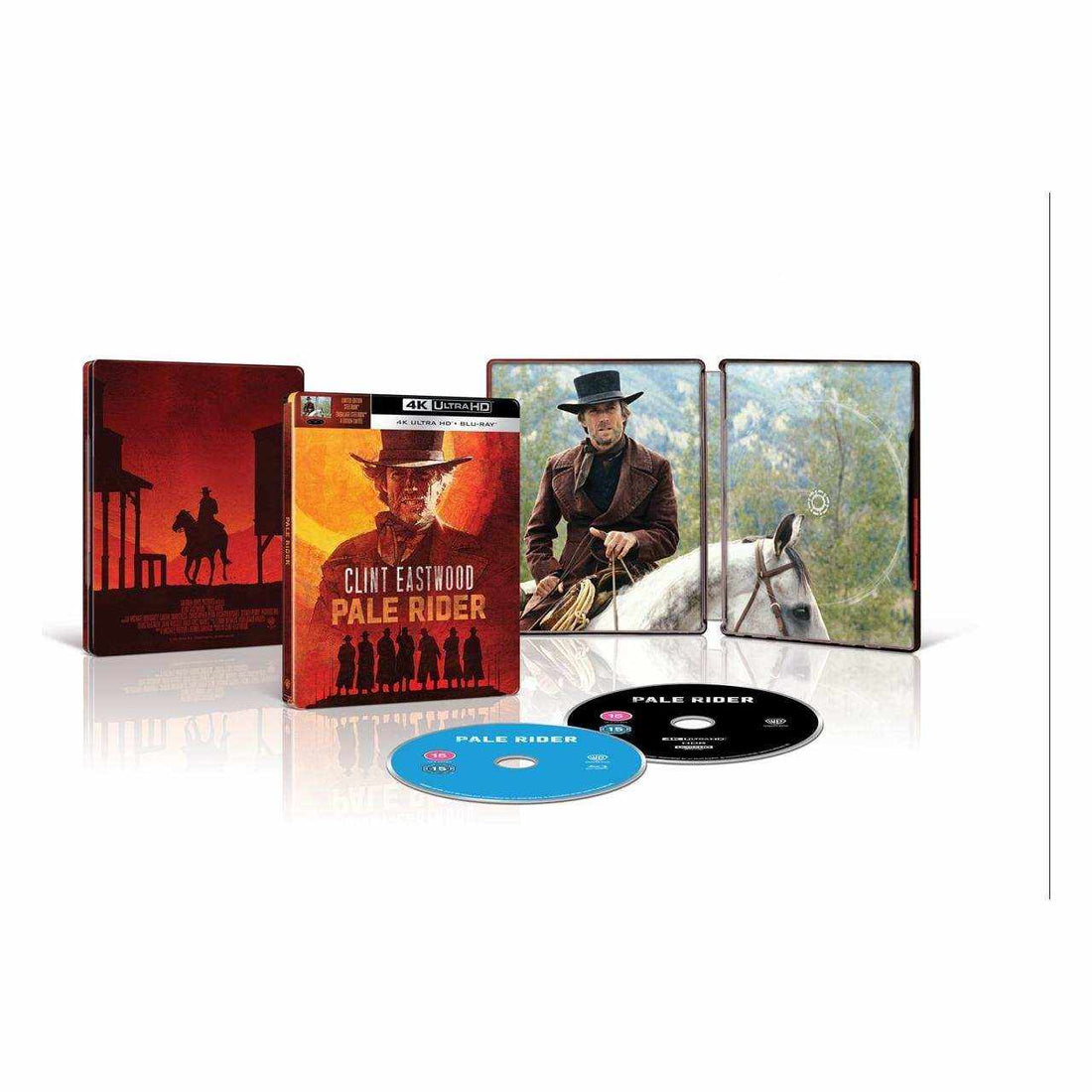 Pale Rider Limited Edition UK Steelbook 4K Ultra HD and Blu-Ray set with Clint Eastwood artwork and discs.