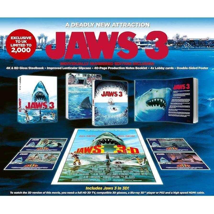 Jaws 3 Limited Ultimate Collectors Edition 4K Ultra HD Blu-Ray with steelbook, booklet, poster, and lobby cards