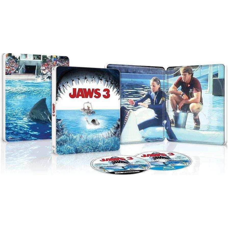 Jaws 3 Limited Edition 4K Ultra HD and Blu-Ray steelbook set with lenticular slipcase, lobby cards, poster, and production booklet