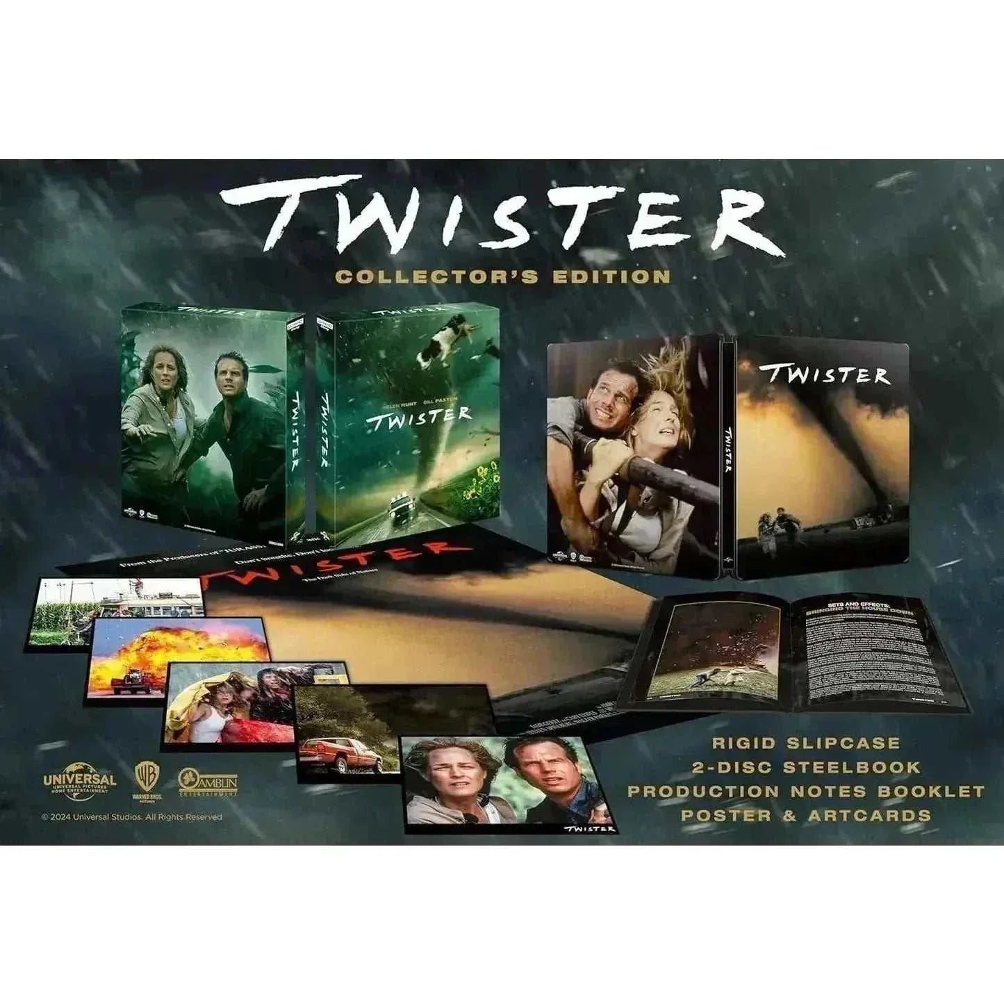 Twister Limited Edition Steelbook 4K Ultra HD and Blu-Ray collector's edition with rigid slipcase, booklet, poster, and artcards.