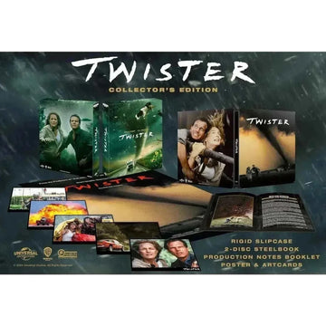 Twister Limited Edition Steelbook 4K Ultra HD and Blu-Ray collector's edition with rigid slipcase, booklet, poster, and artcards.