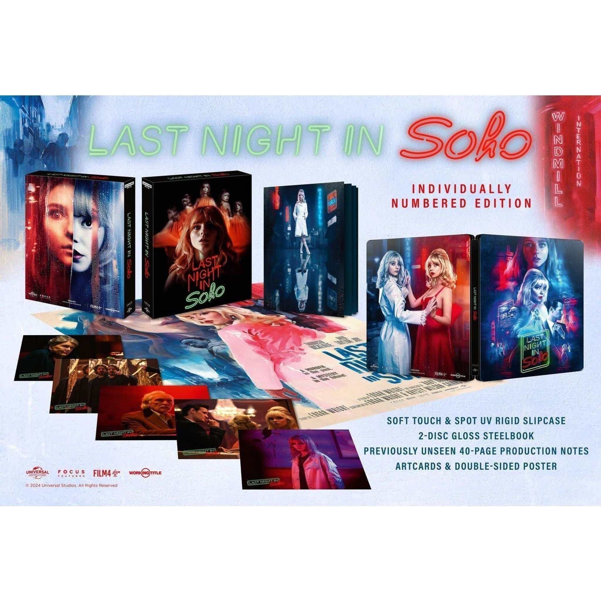 Last Night In Soho limited collectors edition steelbook set with 4K Ultra HD, Blu-Ray, rigid slipcase, artcards, production notes booklet, and double-sided poster