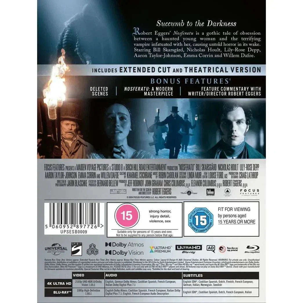 Limited Edition UK Steelbook Nosferatu 4K UHD Blu-Ray featuring extended and theatrical versions with bonus features.