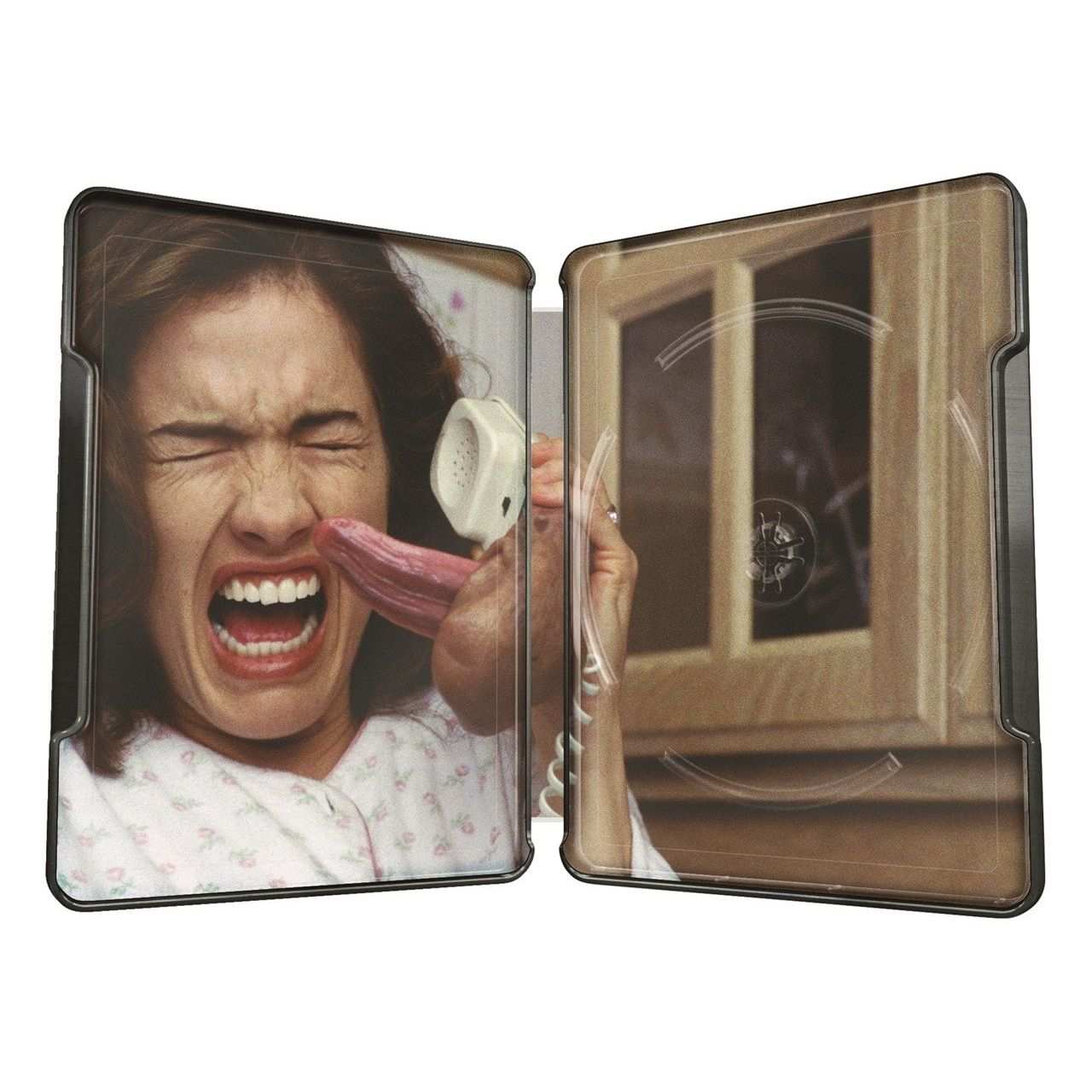 A Nightmare On Elm Street steelbook open showing iconic horror scene inside for 4K Blu-Ray set pre-order