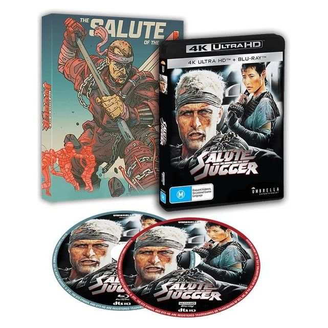 The Salute of The Jugger 1989 4K UHD and Blu-ray limited edition with numbered slipcover and discs showing main characters and futuristic sport imagery