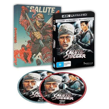 The Salute of The Jugger 1989 4K UHD and Blu-ray limited edition with numbered slipcover and discs showing main characters and futuristic sport imagery