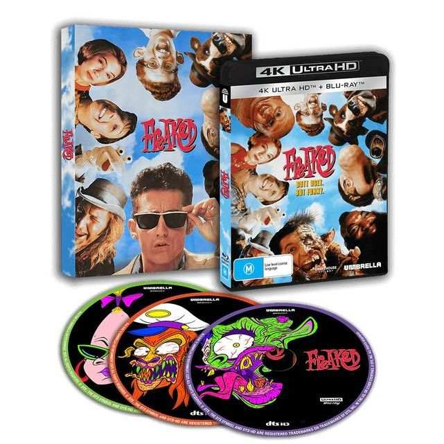 Freaked 4K UHD and 2 Blu-Ray set with limited edition slipcover and illustrated discs showcasing characters from the 1993 cult comedy film.