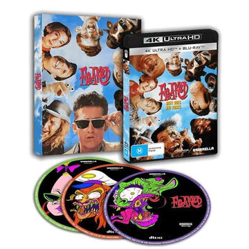 Freaked 4K UHD and 2 Blu-Ray set with limited edition slipcover and illustrated discs showcasing characters from the 1993 cult comedy film.