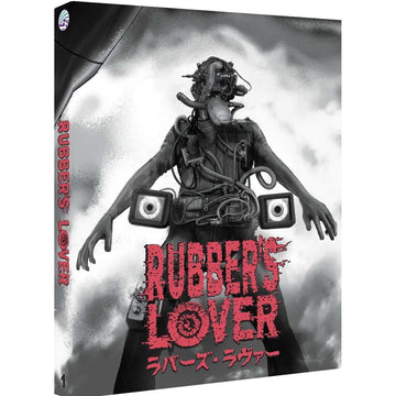 Rubber's Lover Blu-Ray cover featuring black and white cyberpunk horror artwork with a person wearing mechanical apparatus and red title text
