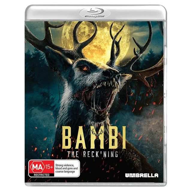 Bambi: The Reckoning Blu-ray cover featuring a menacing, mutated deer with glowing eyes and bloodied antlers under a full moon.