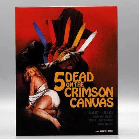 5 Dead on the Crimson Canvas Blu-ray cover with stylized horror artwork and knives on red background by Degausser Video
