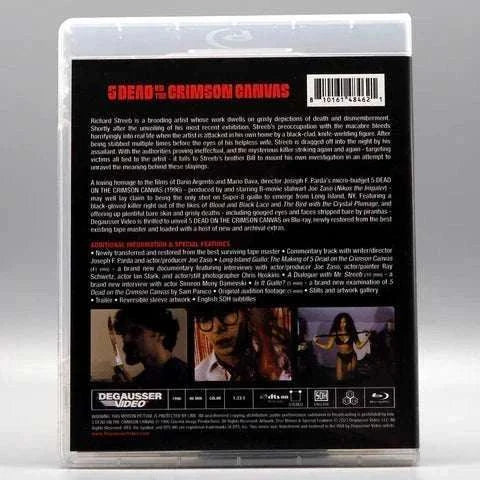 Blu-ray cover of Degausser Video's "5 Dead on the Crimson Canvas" with slipcover showing detailed back artwork and movie stills.