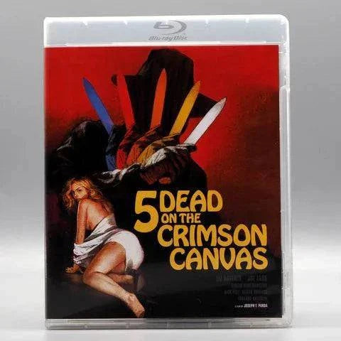 Degausser Video Blu-ray cover of 5 Dead on the Crimson Canvas horror film with a masked figure holding knives and a crouching woman on a red background.
