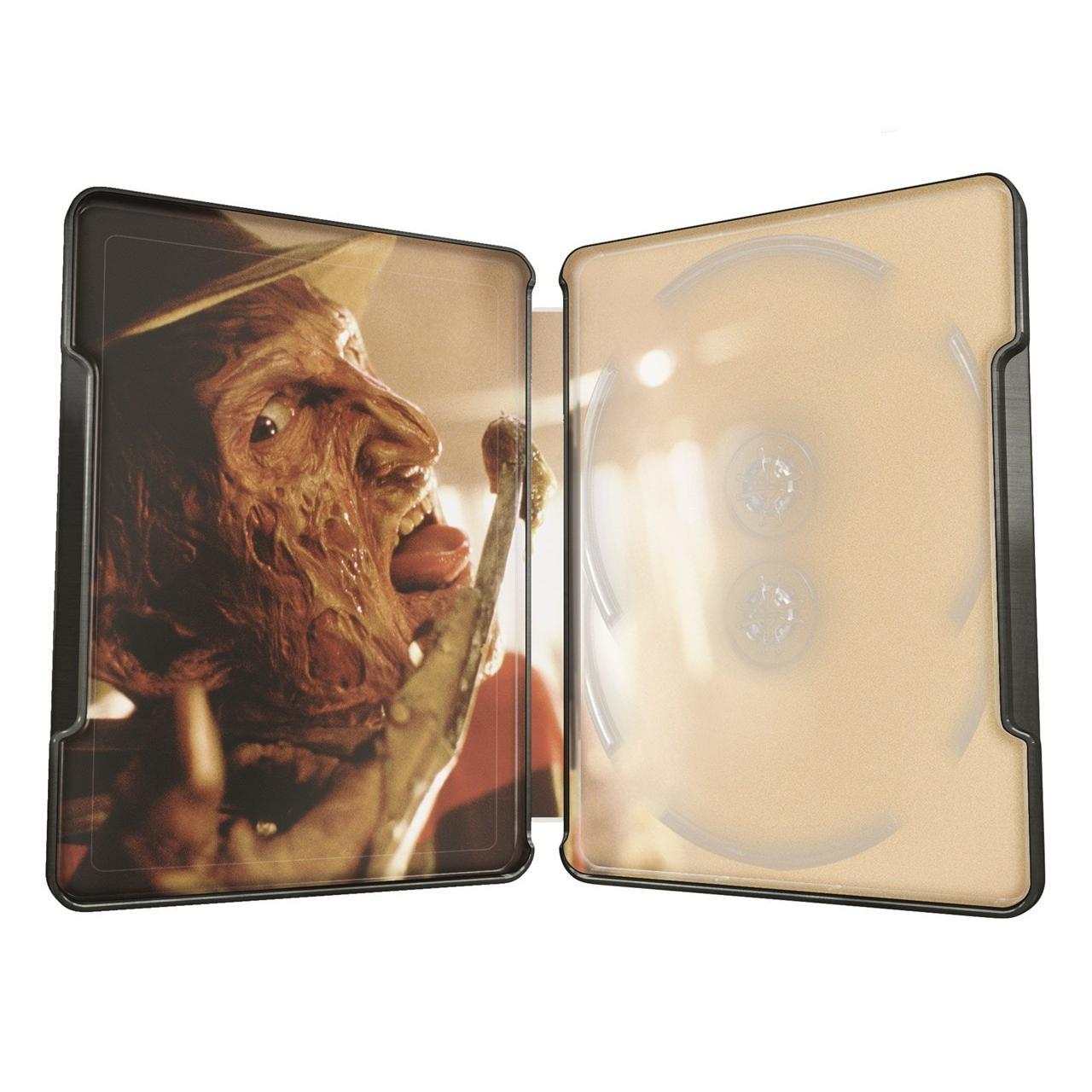 Open steelbook case featuring Freddy Krueger image from A Nightmare On Elm Street inside for 4K Ultra HD and Blu-Ray pre-order edition