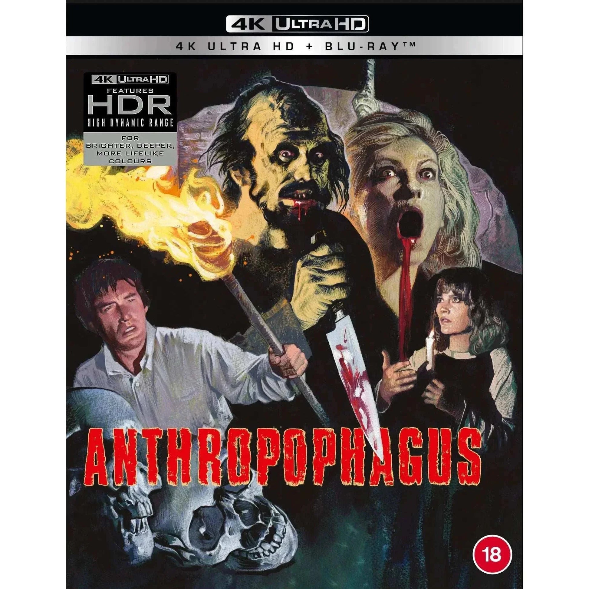 Anthropophagous (Aka The Grim Reaper) 4K Ultra HD + Blu-Ray cover featuring horror-themed artwork.