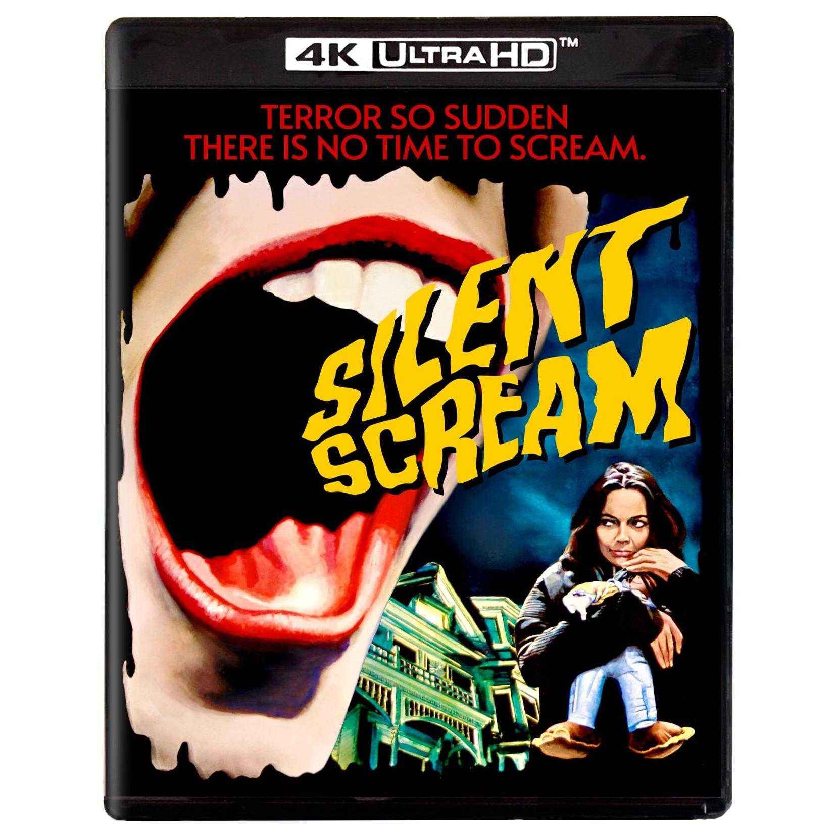 Silent Scream 4K UHD Blu-Ray with Slipcover, horror movie cover art with open mouth and Victorian mansion.