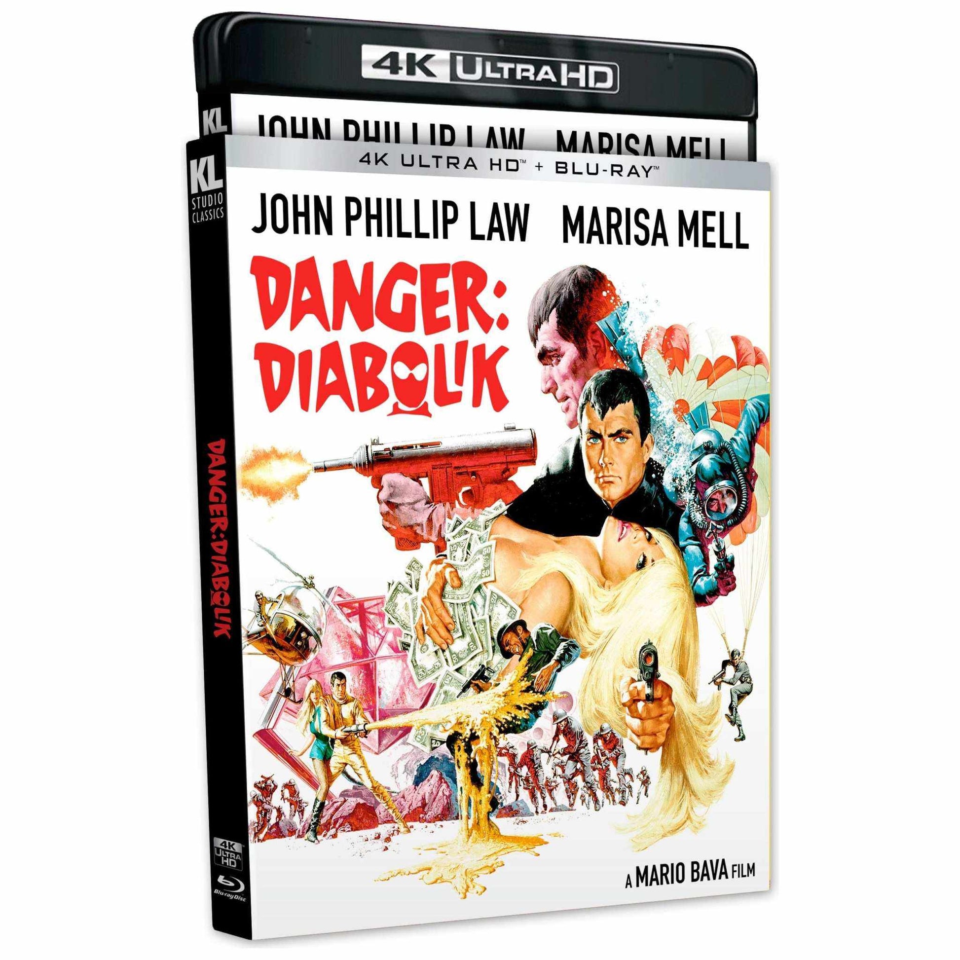 Danger: Diabolik 4K UHD and Blu-Ray movie cover featuring illustrated action scenes and main characters John Phillip Law and Marisa Mell.