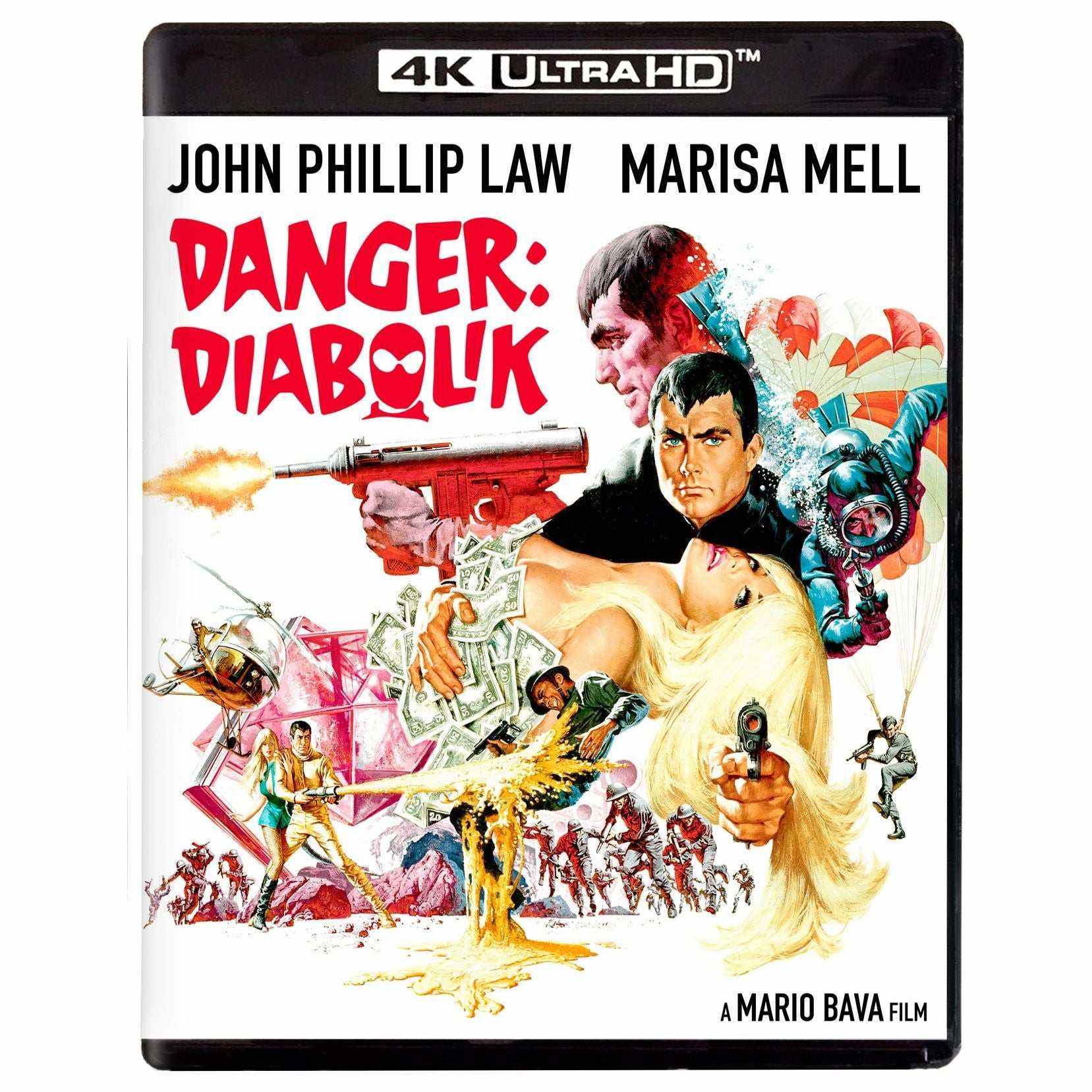 Danger: Diabolik 4K UHD Blu-Ray cover featuring illustrated action scenes and characters from the cult film