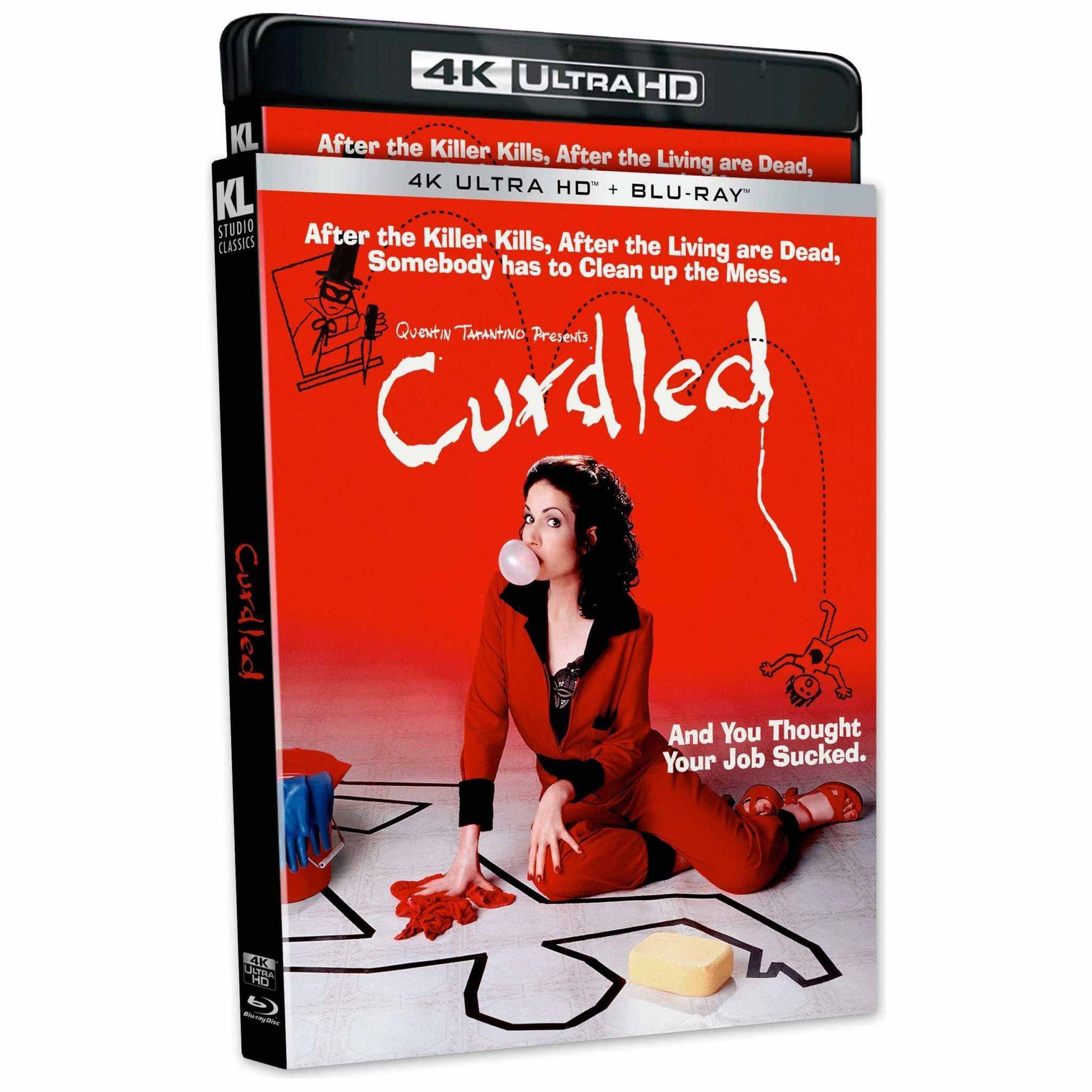 Curdled 4K UHD and Blu-Ray movie with slipcover featuring a comedic thriller cover image of a woman in red sitting on the floor surrounded by crime scene outlines.