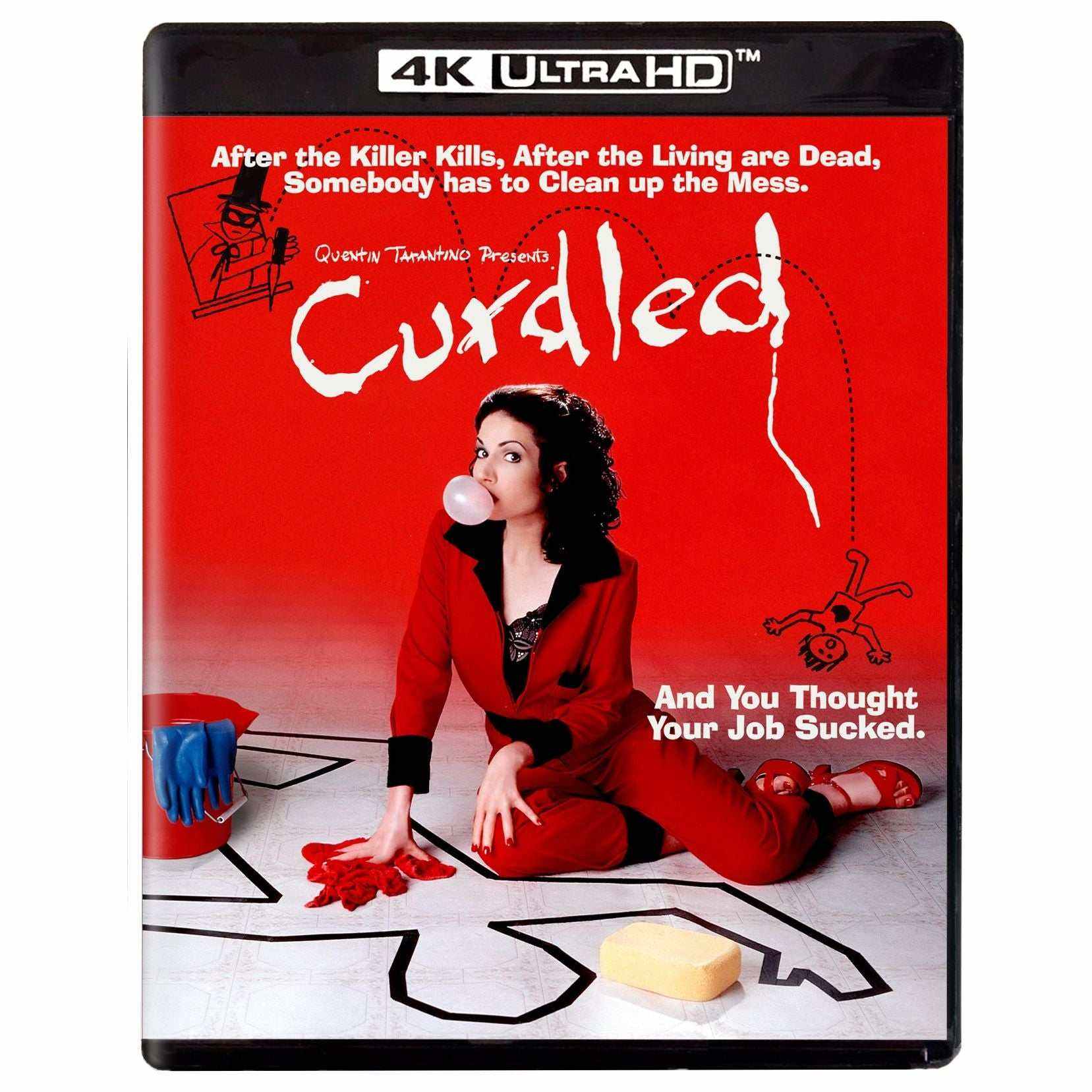 Curdled 4K Ultra HD and Blu-Ray movie with red cover featuring a woman blowing bubble gum in a red outfit sitting beside a crime scene outline.