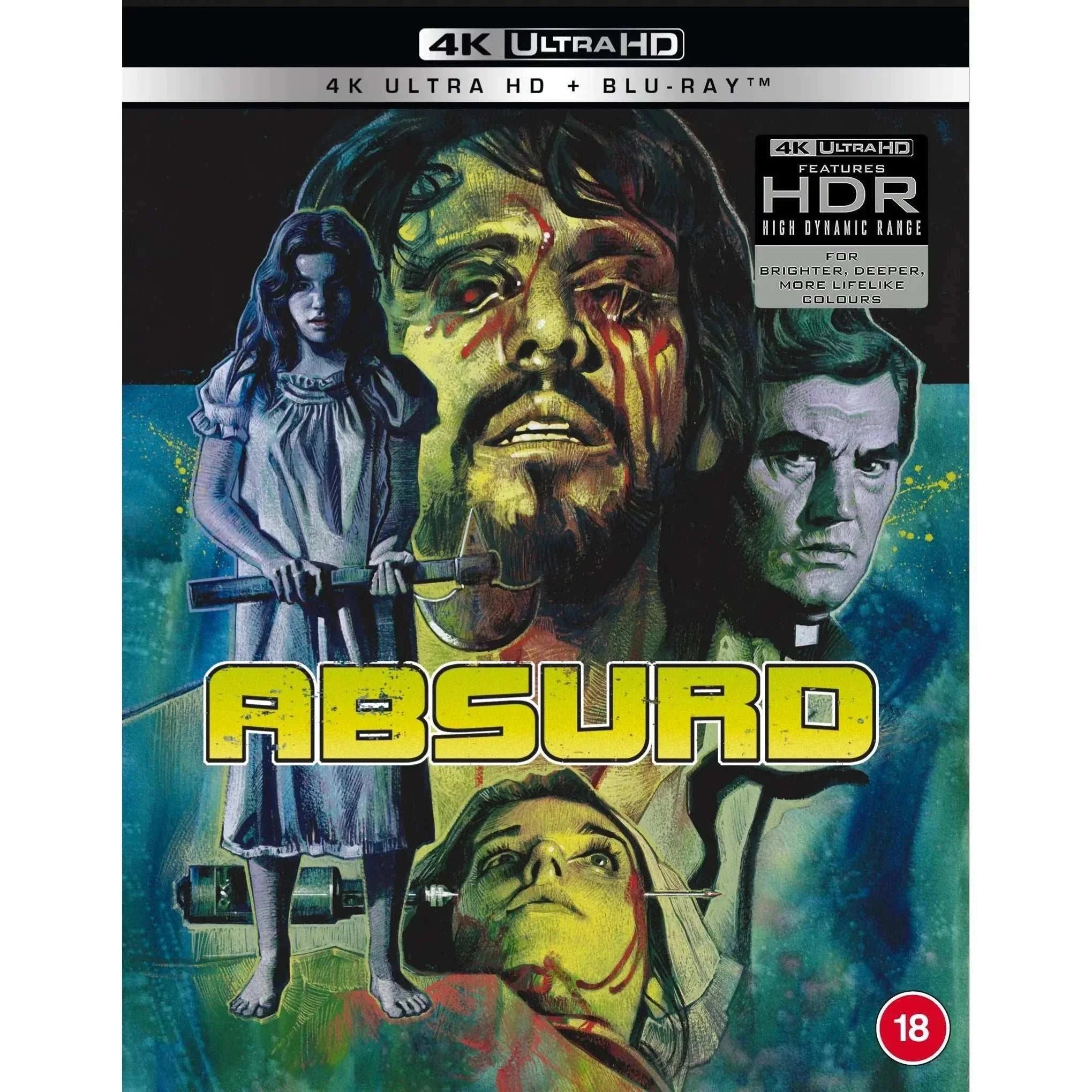 Absurd (aka Rosso Sangue) 4K Ultra HD + Blu-Ray cover featuring horror artwork and HDR details.