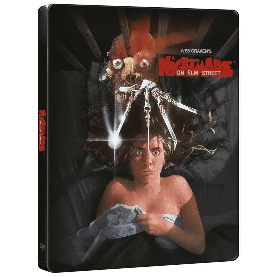 A Nightmare On Elm Street Limited Steelbook Ultimate Collectors Edition 4K Ultra HD and Blu-Ray set with special features, art cards, booklet, double-sided poster, and numbered element.