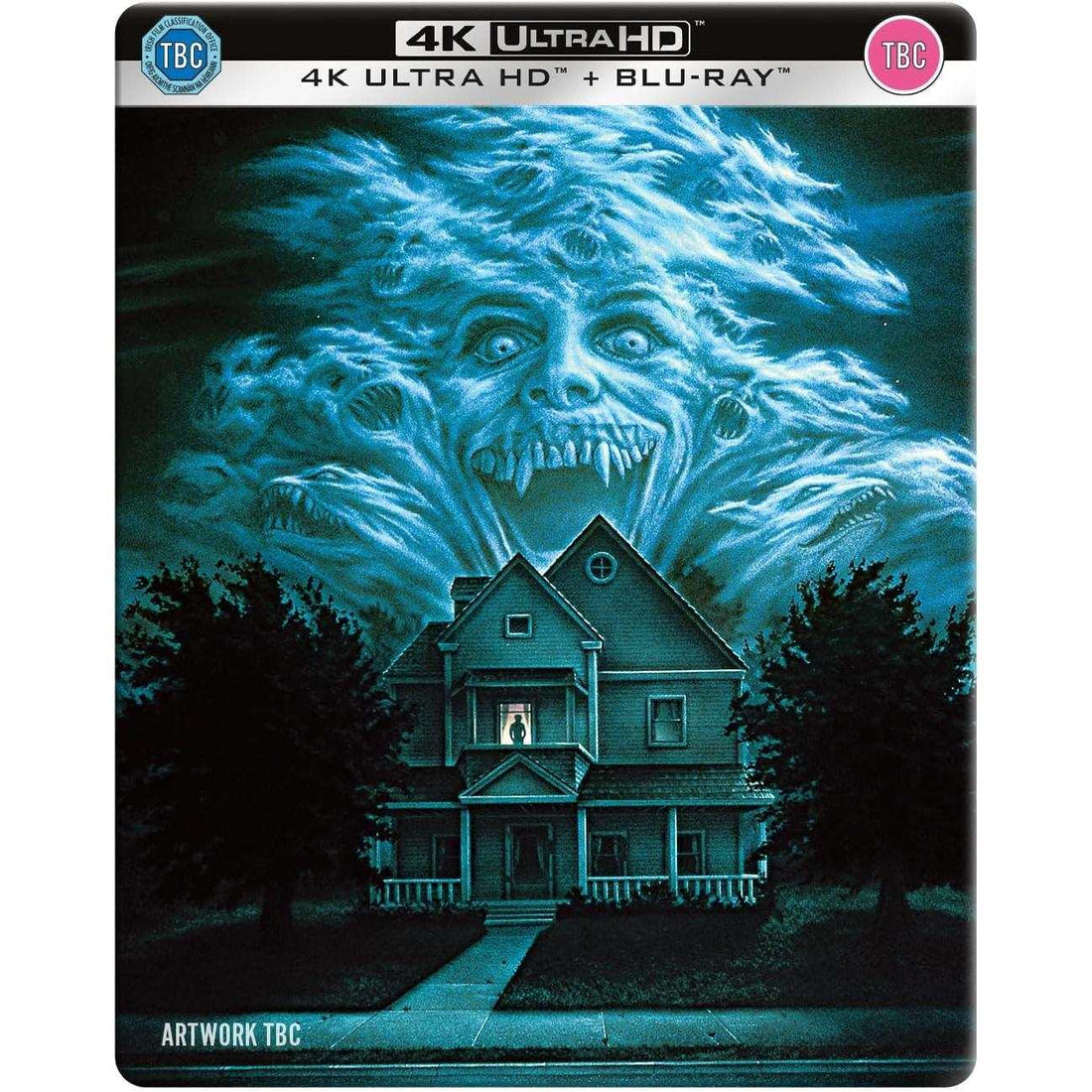 Fright Night UK limited edition steelbook 4K Ultra HD and Blu-Ray cover with haunted house and vampire face in sky