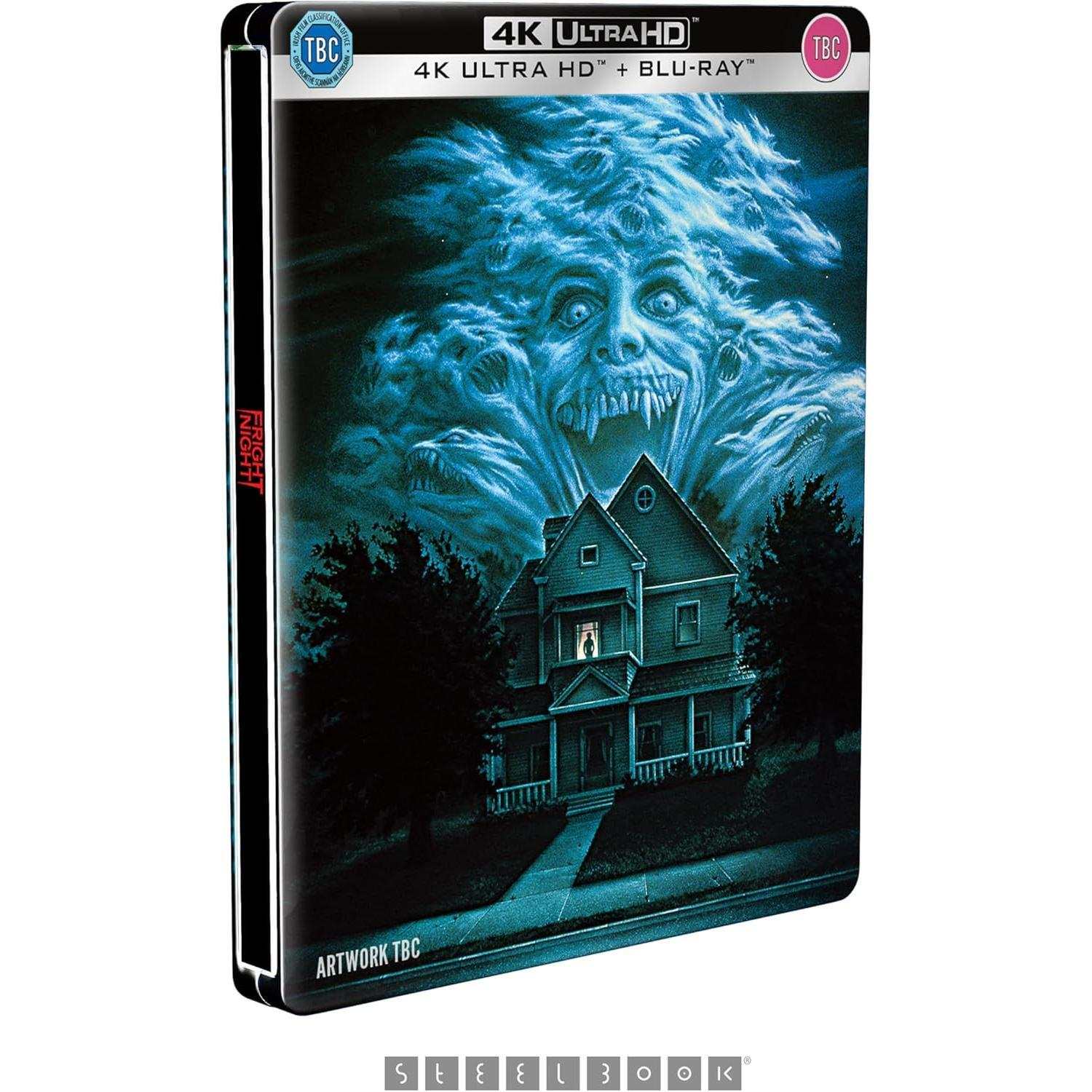 Fright Night UK limited edition steelbook 4K Ultra HD and Blu-Ray cover with haunted house and vampire face in sky