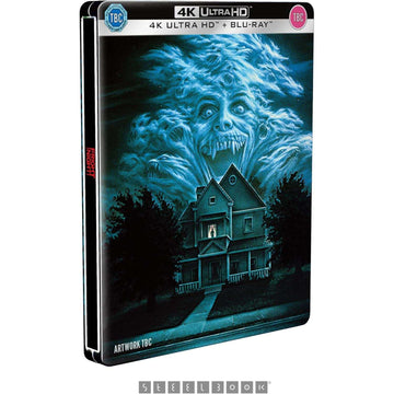 Fright Night UK limited edition steelbook 4K Ultra HD and Blu-Ray cover with haunted house and vampire face in sky