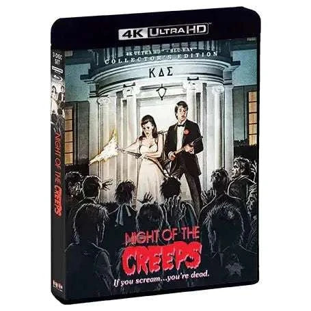 Night Of The Creeps 4K UHD + Blu-Ray Collector's Edition cover with zombies, fire, and a couple in formal attire.