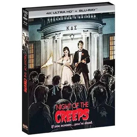 Night Of The Creeps 4K UHD + Blu-Ray Collector's Edition cover with zombies, fire, and a couple in formal attire.