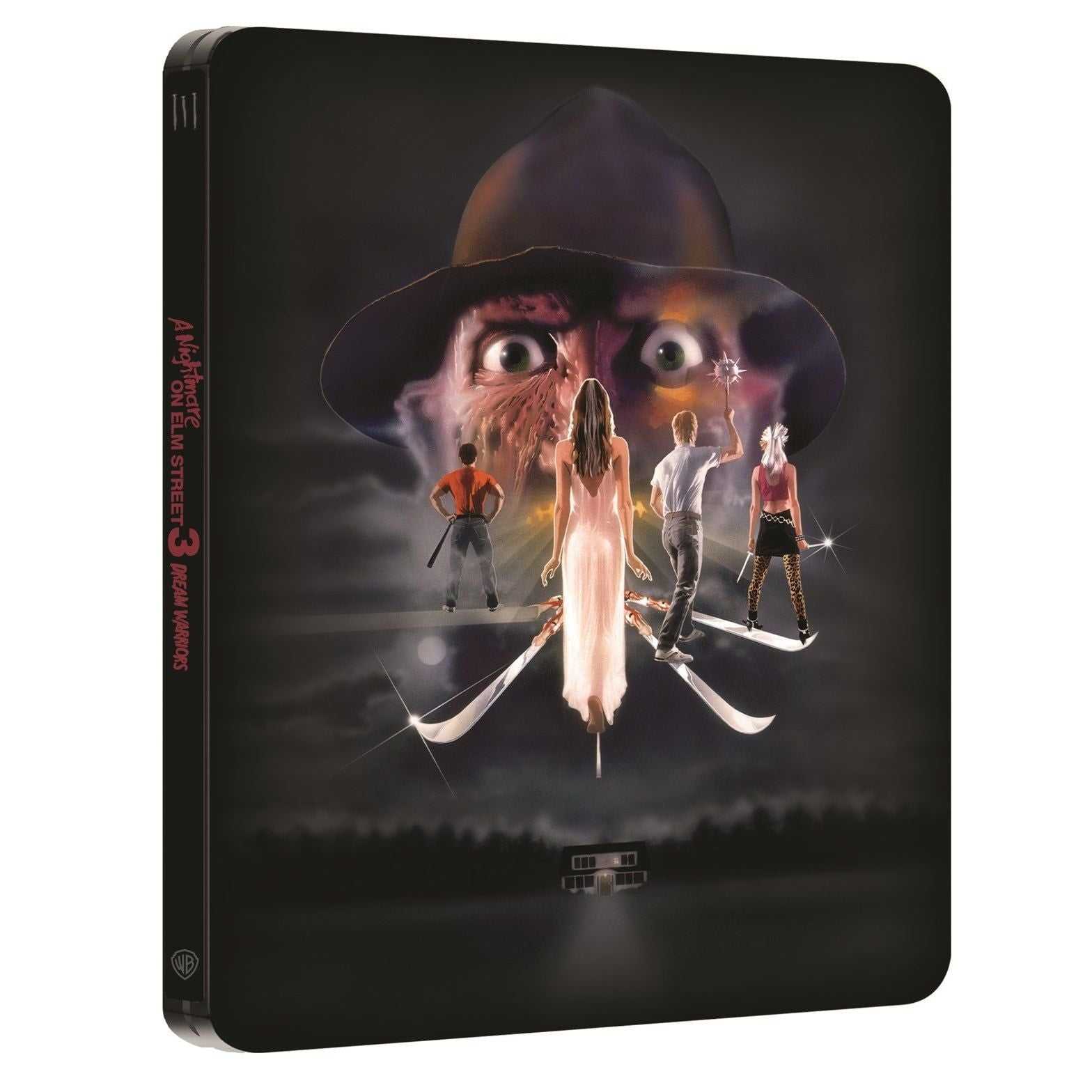 A Nightmare On Elm Street 3 Dream Warriors limited edition steelbook cover with characters facing Freddy Krueger's menacing face in the background