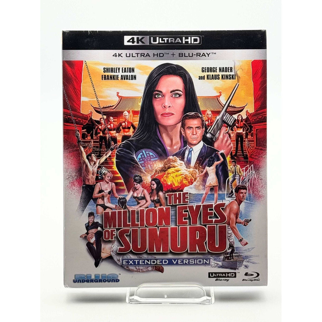 4K UHD Blu-ray cover of "The Million Eyes Of Sumuru" with slipcover featuring Shirley Eaton and secret agents, extended version.