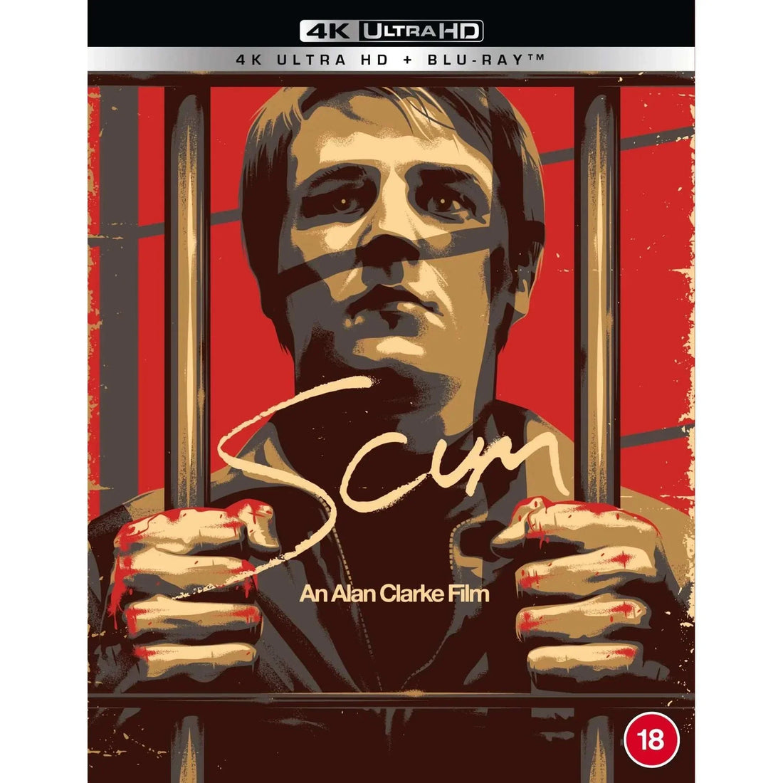 Scum 4K UHD Blu-Ray cover featuring stylized illustration of a man gripping prison bars with red background