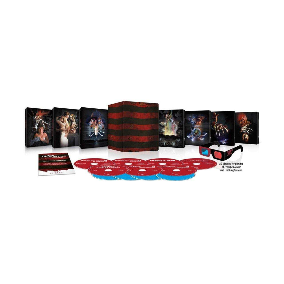 Limited edition A Nightmare On Elm Street 1-7 steelbook 4K Ultra HD and Blu-Ray set with metal storage box and themed 3D glasses, UK region-free pre-order.