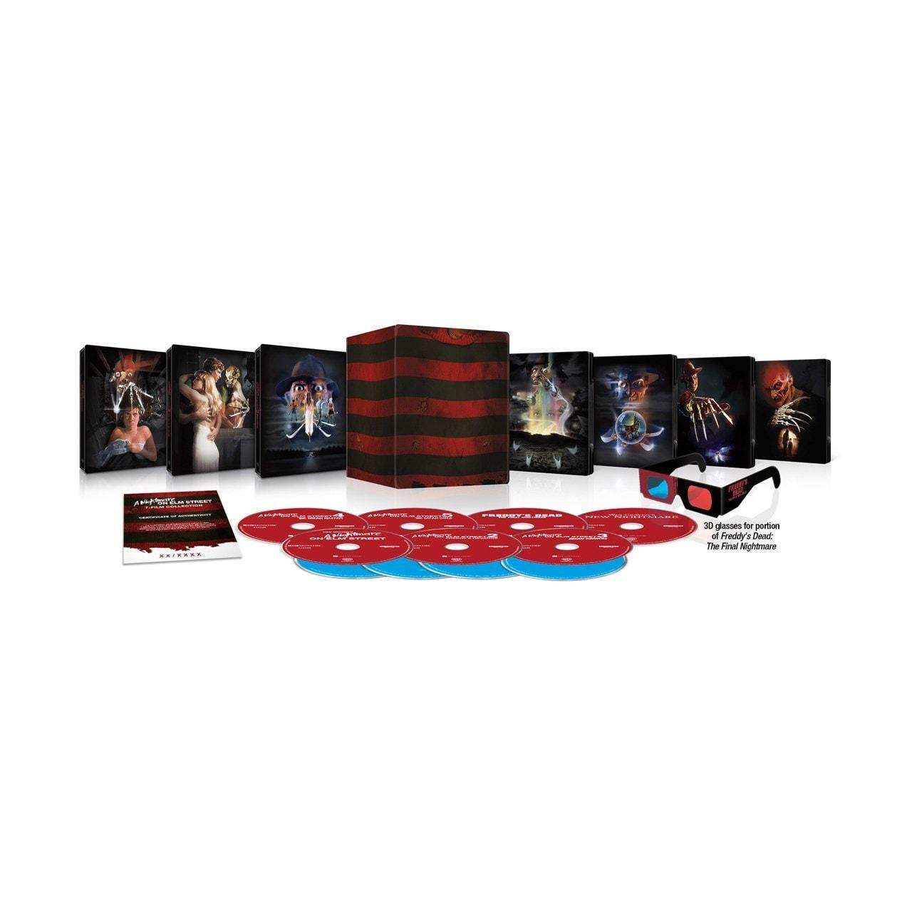 Limited edition A Nightmare On Elm Street 1-7 steelbook 4K Ultra HD and Blu-Ray set with metal storage box and themed 3D glasses, UK region-free pre-order.