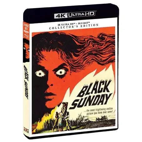 Black Sunday Collector's Edition 4K UHD and Blu-Ray with slipcover showing a horror movie cover featuring a large red face with wide eyes and stylized hair above silhouetted figures and fire.