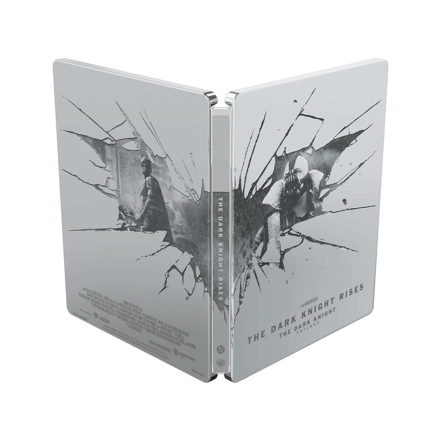 Batman The Dark Knight Trilogy Limited Edition Steelbook 4K Ultra HD and Blu-Ray set with artwork of cracked bat symbol and characters on steel case