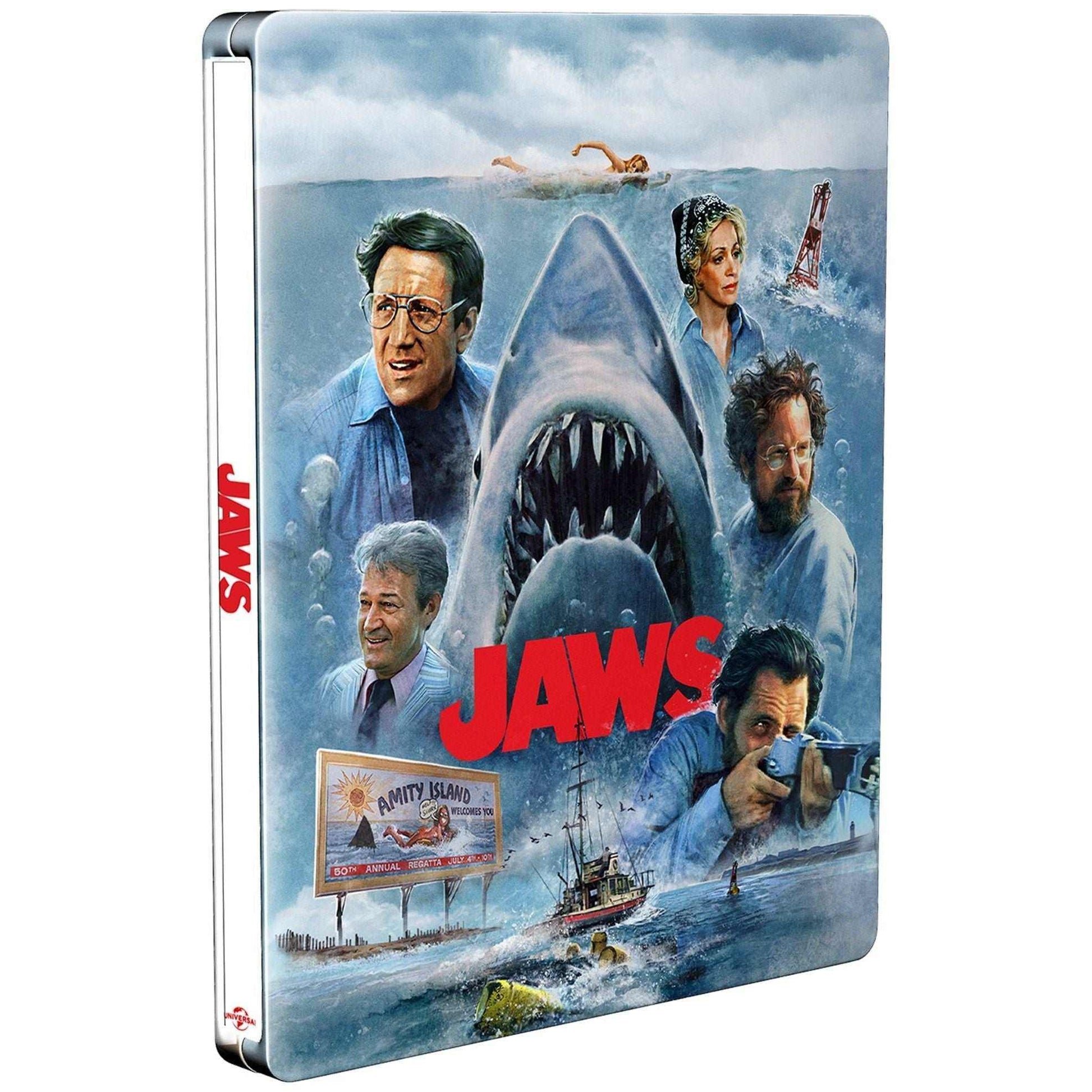 Jaws Limited Edition 50th Anniversary UK Steelbook 4K Ultra HD Blu-Ray with iconic shark and characters artwork
