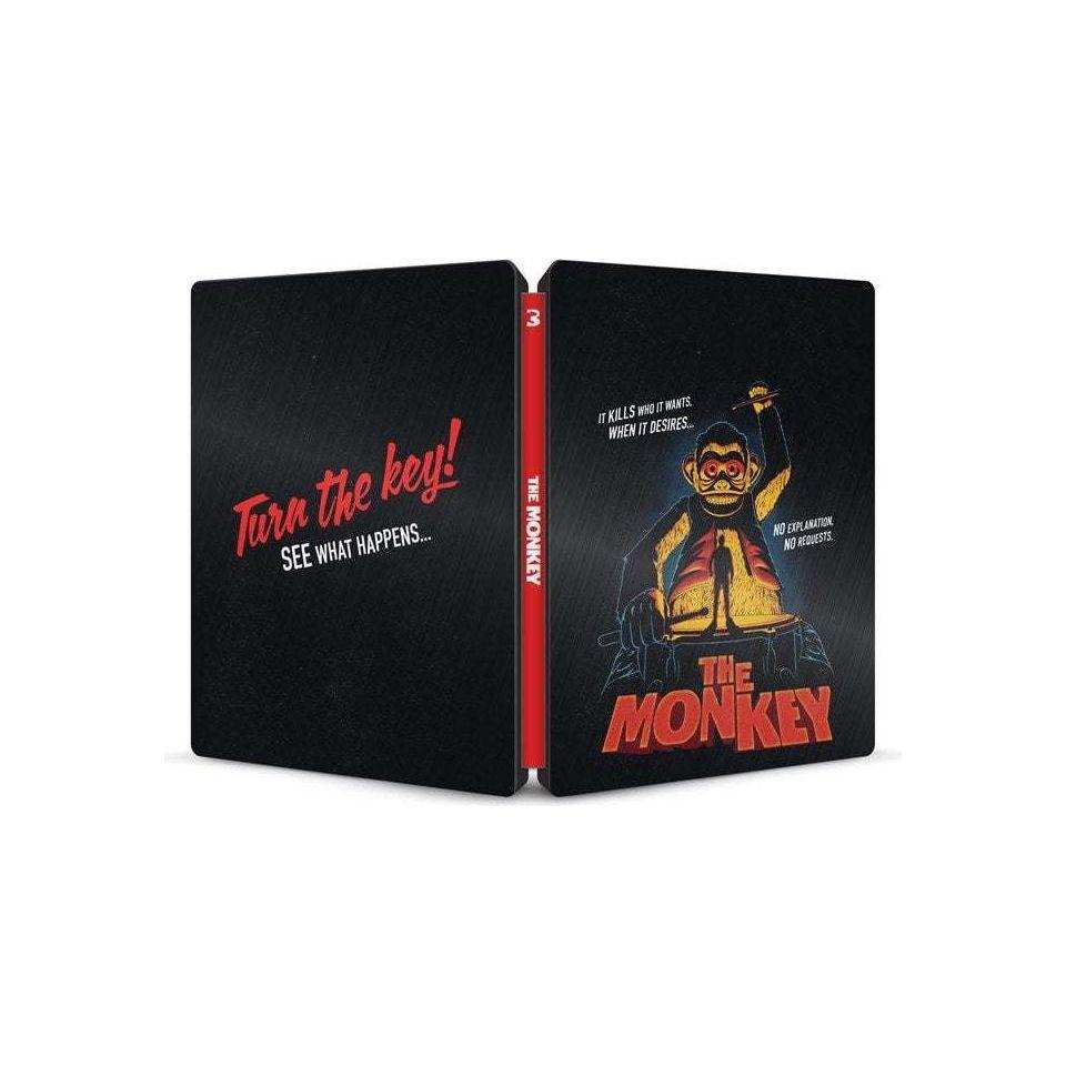 The Monkey Limited Edition Steelbook 4K Ultra HD Blu-Ray, REGION B, horror-themed cover art featuring a toy monkey.