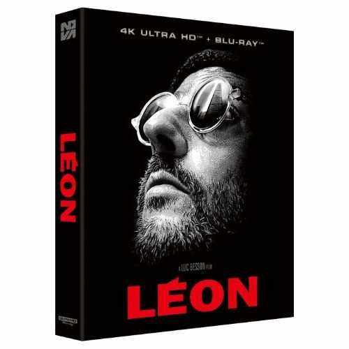 Leon 4K UHD Blu-Ray Scanavo Full Slip Edition movie cover featuring close-up of a man with reflective sunglasses and red title text Leon