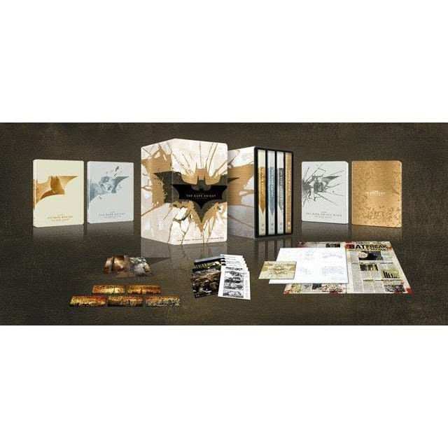Batman The Dark Knight Trilogy Limited Edition Steelbook 4K Ultra HD and Blu-Ray set with collectible artwork and memorabilia.