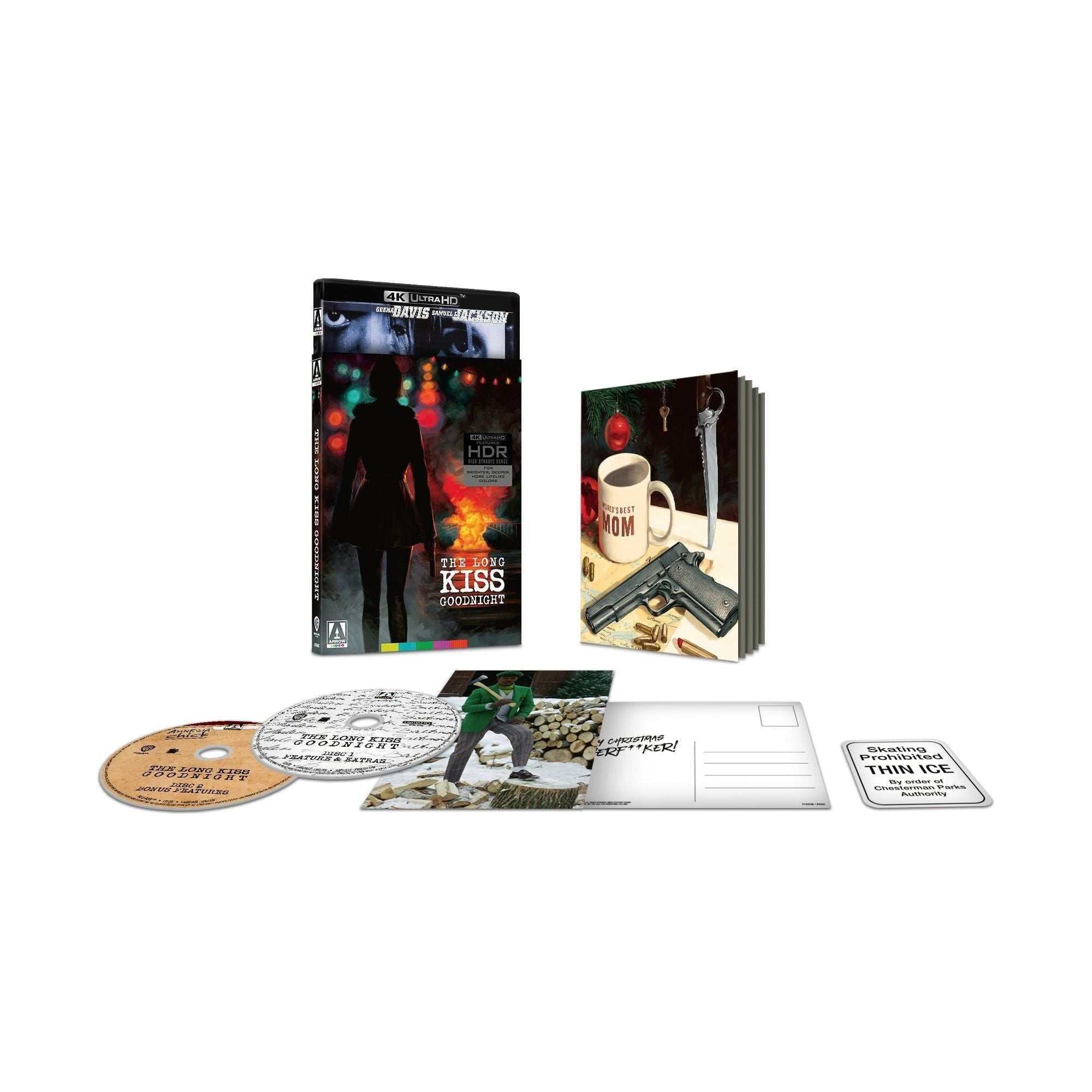 The Long Kiss Goodnight 4K UHD and Blu-Ray limited edition set with slipcover, collector's booklet, postcards, and exclusive extras