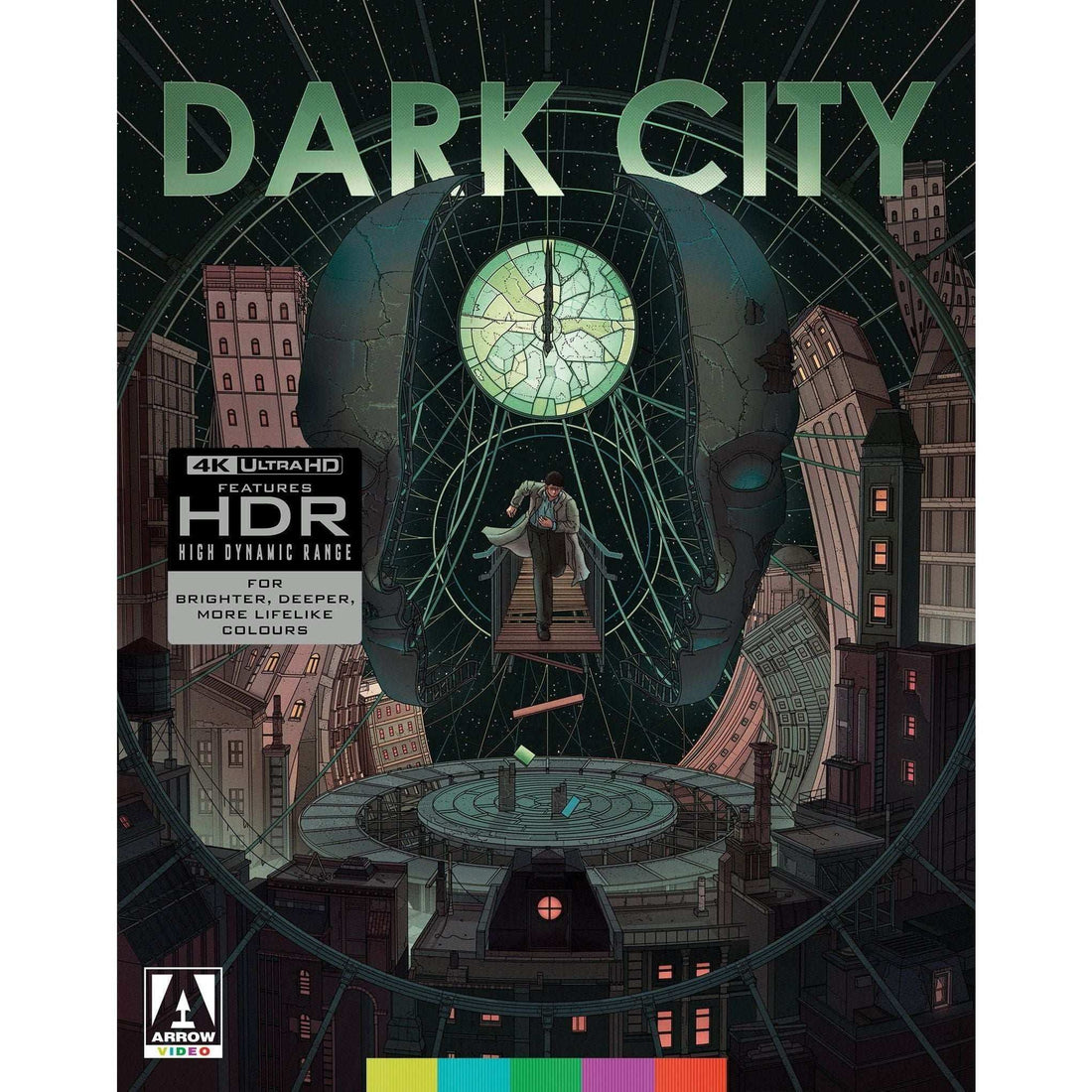 Dark City Limited Edition 4K UHD cover featuring surreal cityscape with large clock and shadowy figure, high dynamic range HDR logo visible.