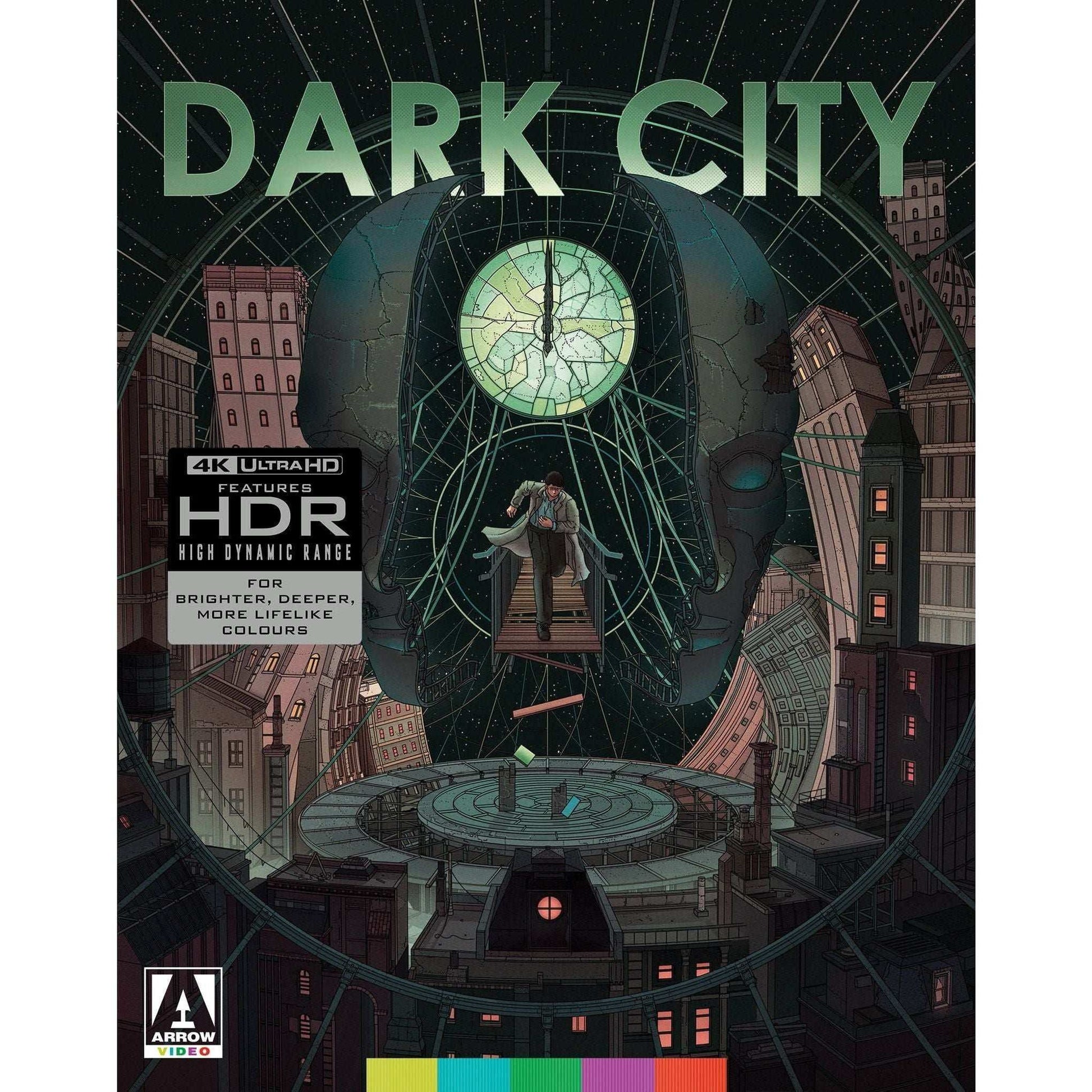 Dark City Limited Edition 4K UHD cover featuring surreal cityscape with large clock and shadowy figure, high dynamic range HDR logo visible.